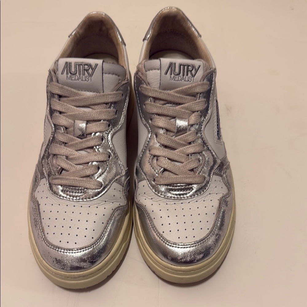 Autry Medalist Silver and White Sneakers